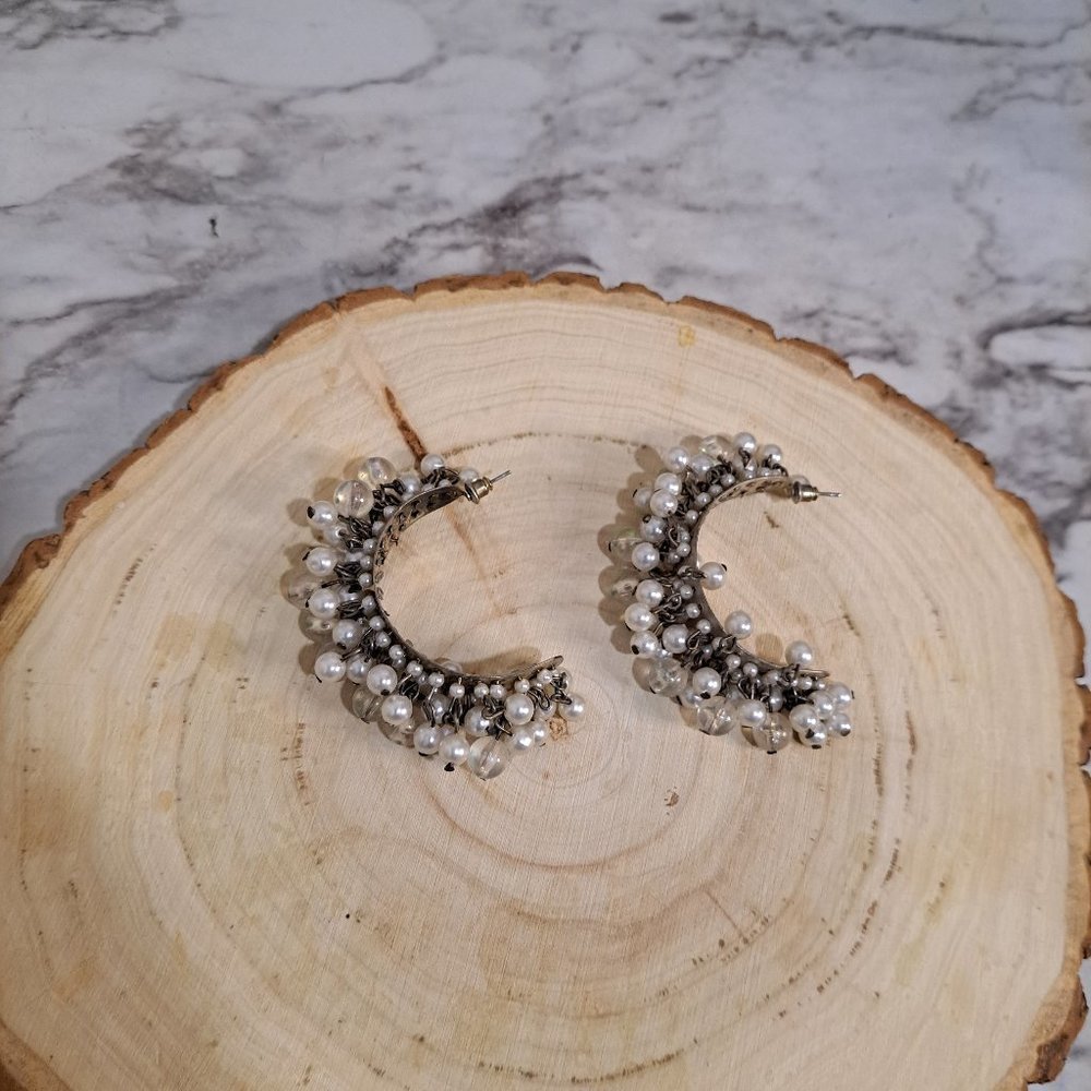 Silver Pearl Cluster Hoop Earrings
